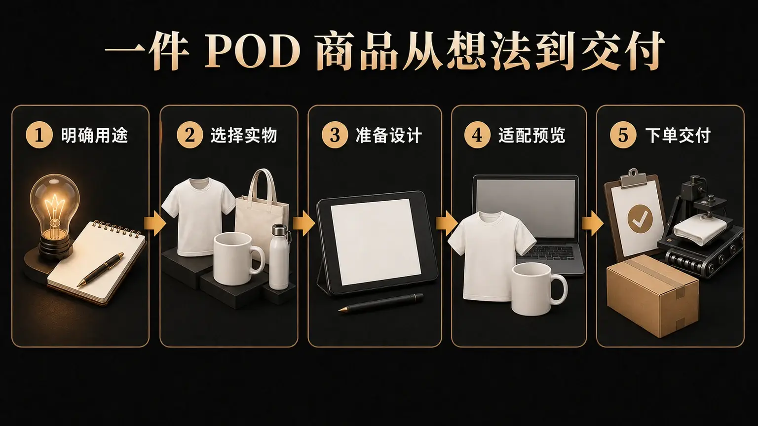 POD 流程图，依次展示明确用途、选择实物、准备设计、适配预览和下单交付五个步骤