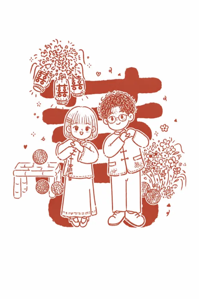 喜字前的中式婚礼合照