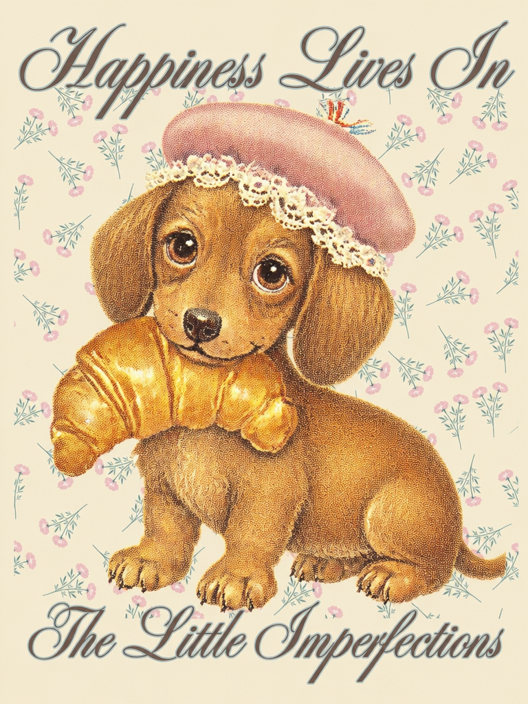 长耳幼犬戴贝雷帽抱可颂