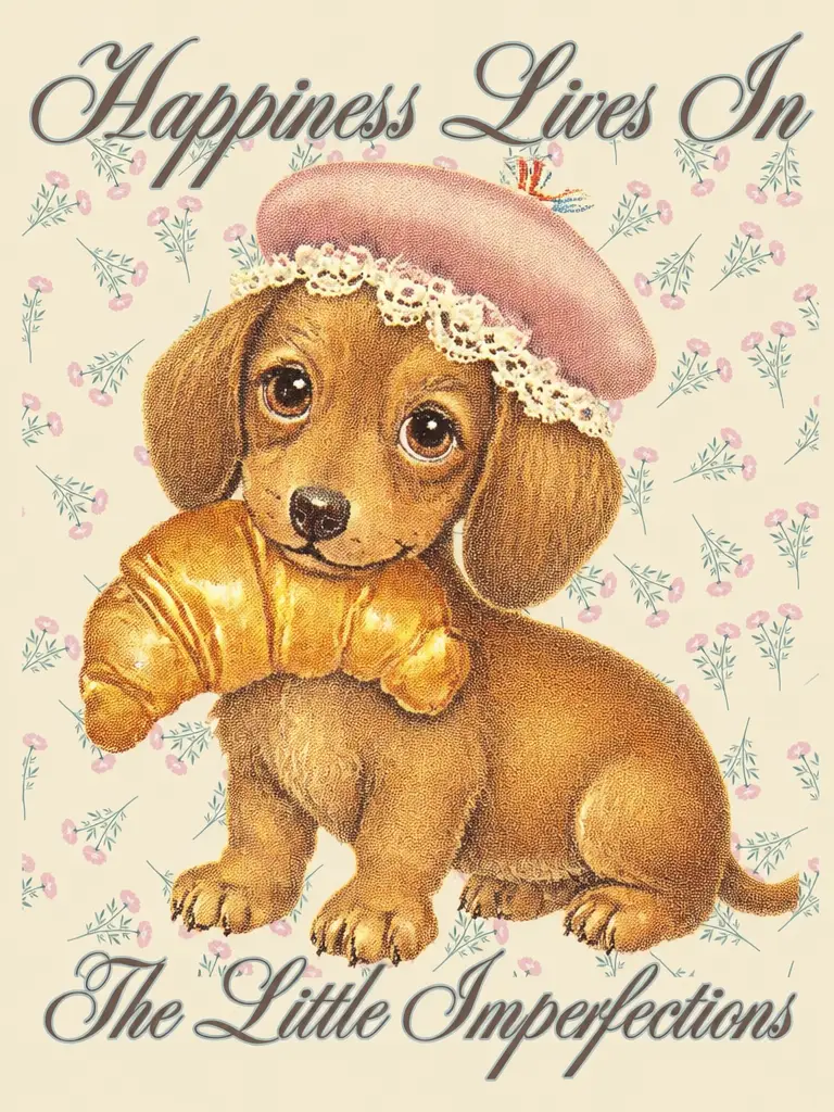 长耳幼犬戴贝雷帽抱可颂