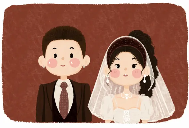 棕红画布上的婚纱照