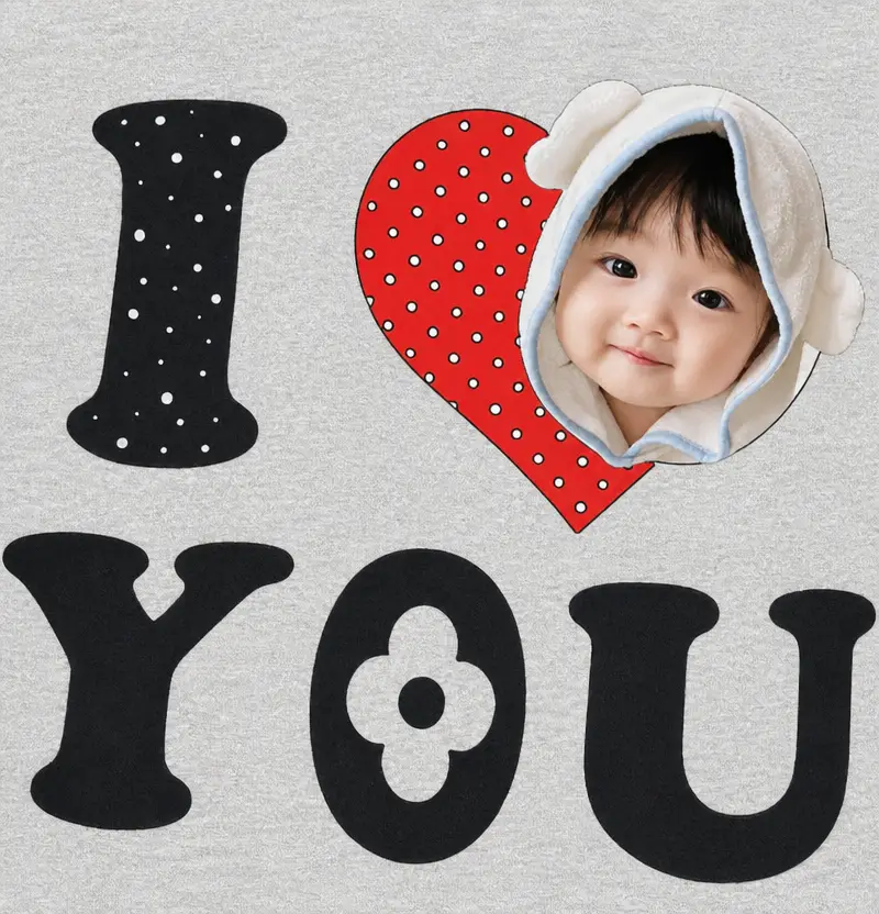把孩子的脸放进I LOVE YOU