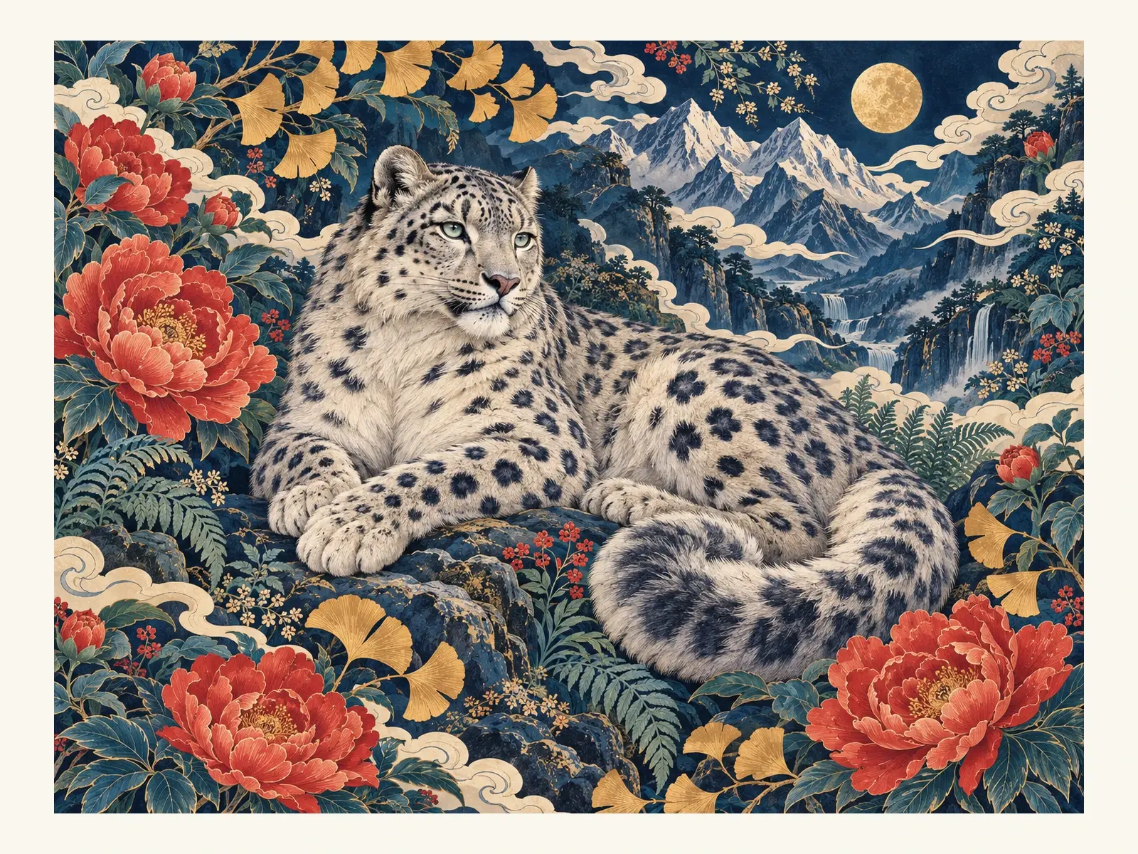 雪豹印花从中心局部展开，四周延续花卉、山峦与云纹