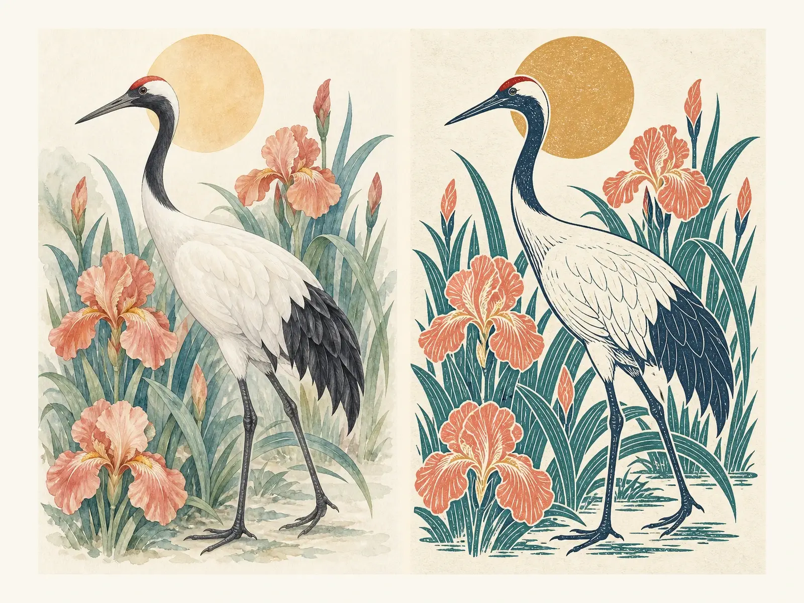 同一幅鹤与花卉从水彩转换为版画
