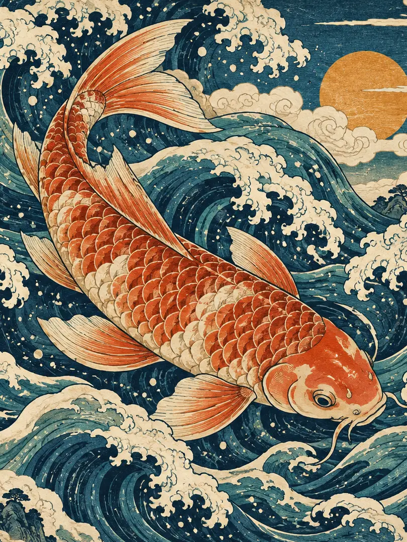完整印花：锦鲤、层叠浪花、云纹与日轮