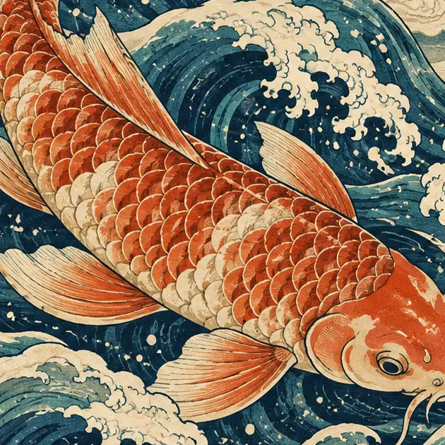局部印花：朱红锦鲤与靛蓝浪花